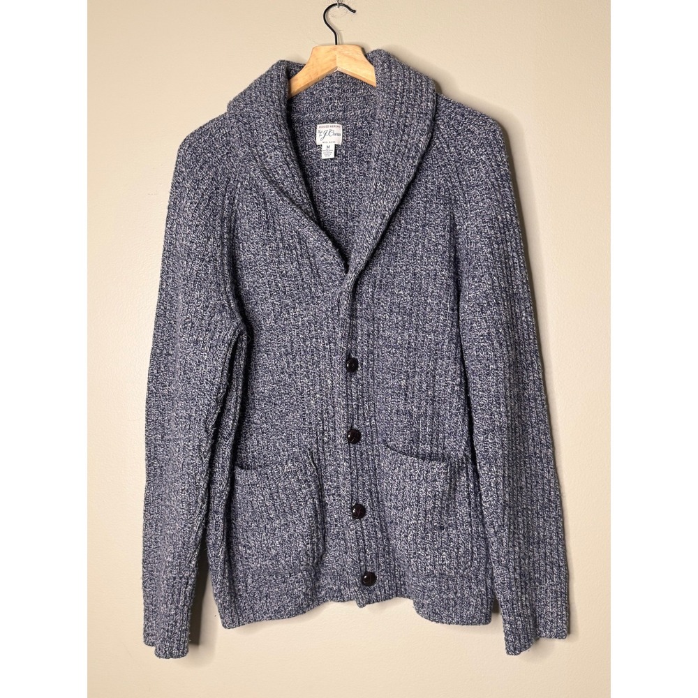 J.Crew Rugged Merino Wool Shawl Collar Cardigan Mens M Blue Marled Sweater